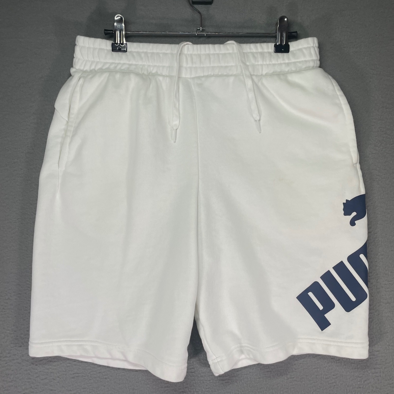 Puma Men's Medium White Fleece Sweat Shorts Big Logo Drawstring Casual Athletic